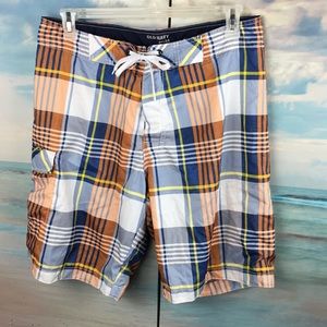 Blue Orange Plaid Board Shorts Swim Trunks L